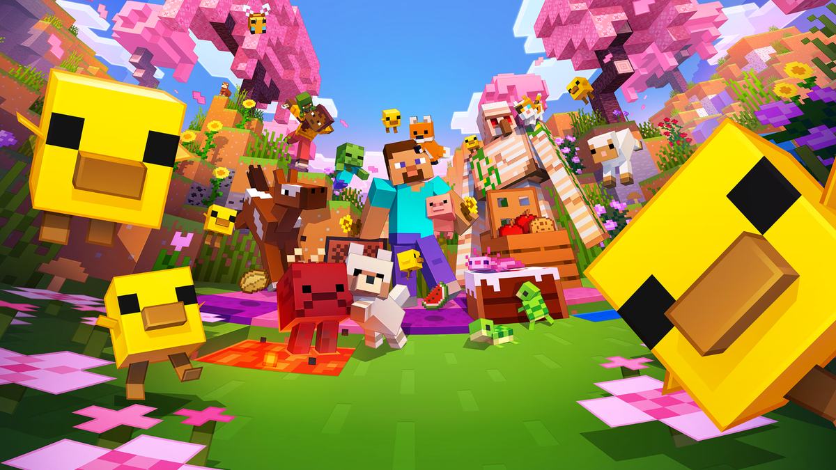 Minecraft-Wallpaper: Kirschhain mit Bienen und Tieren.