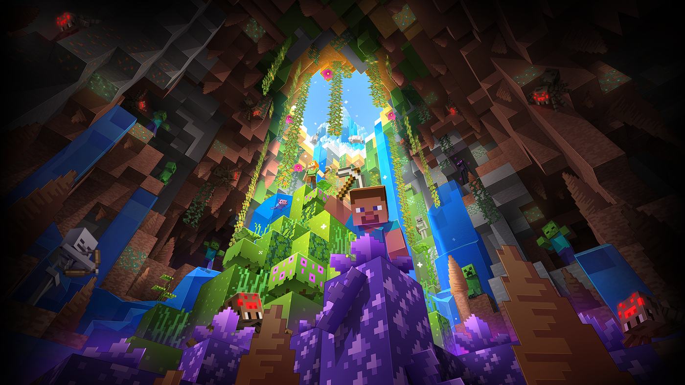 Minecraft-Wallpaper: üppige Höhle mit Wasserfall und einem Spieler.