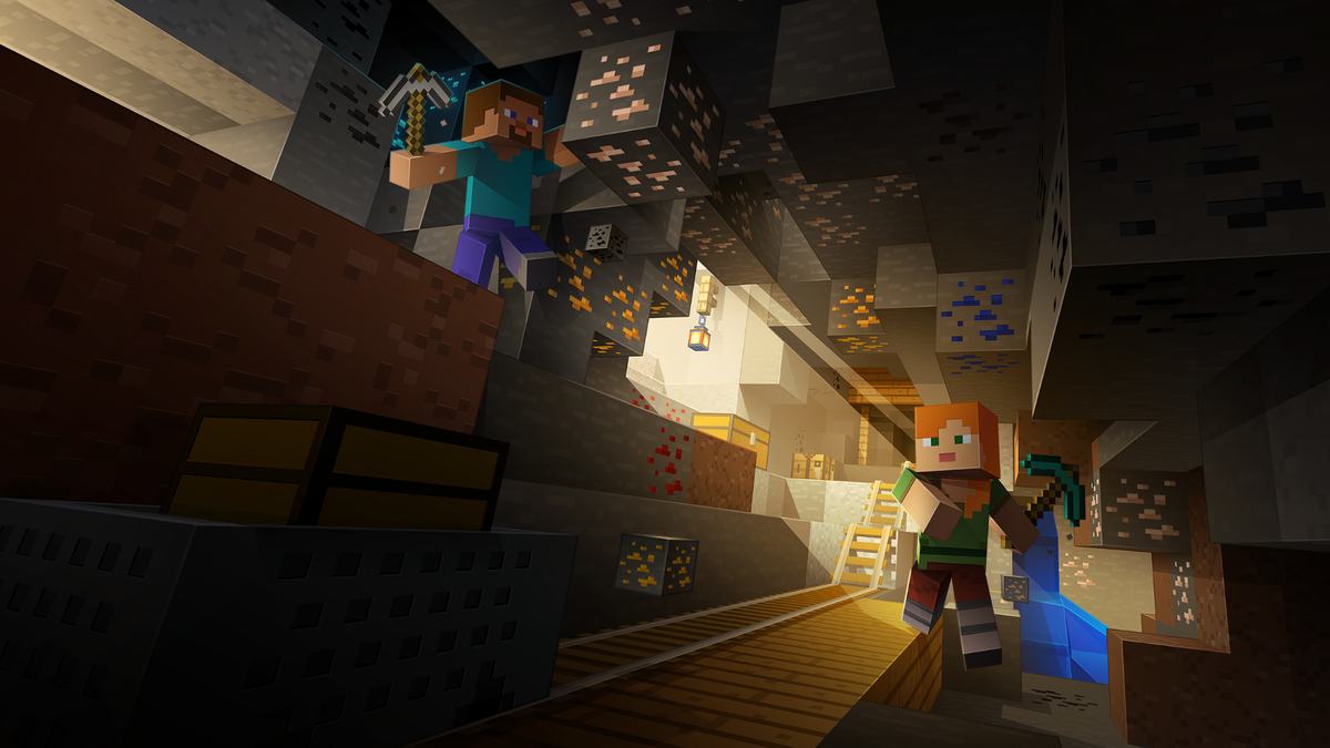Minecraft-Wallpaper: Steve und Alex in einer Mine.