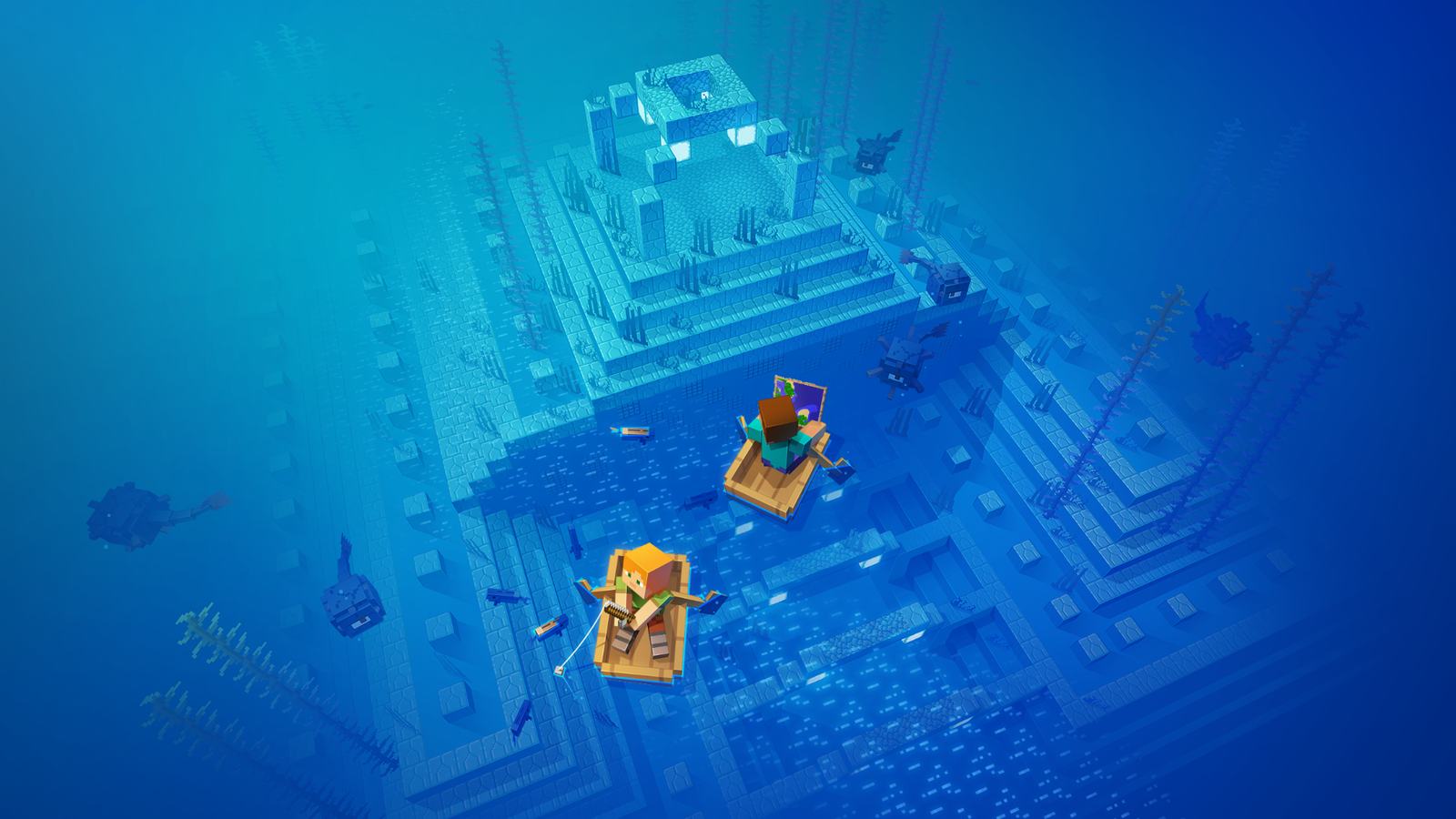 Minecraft-Wallpaper: Ozeanmonument unter Wasser.