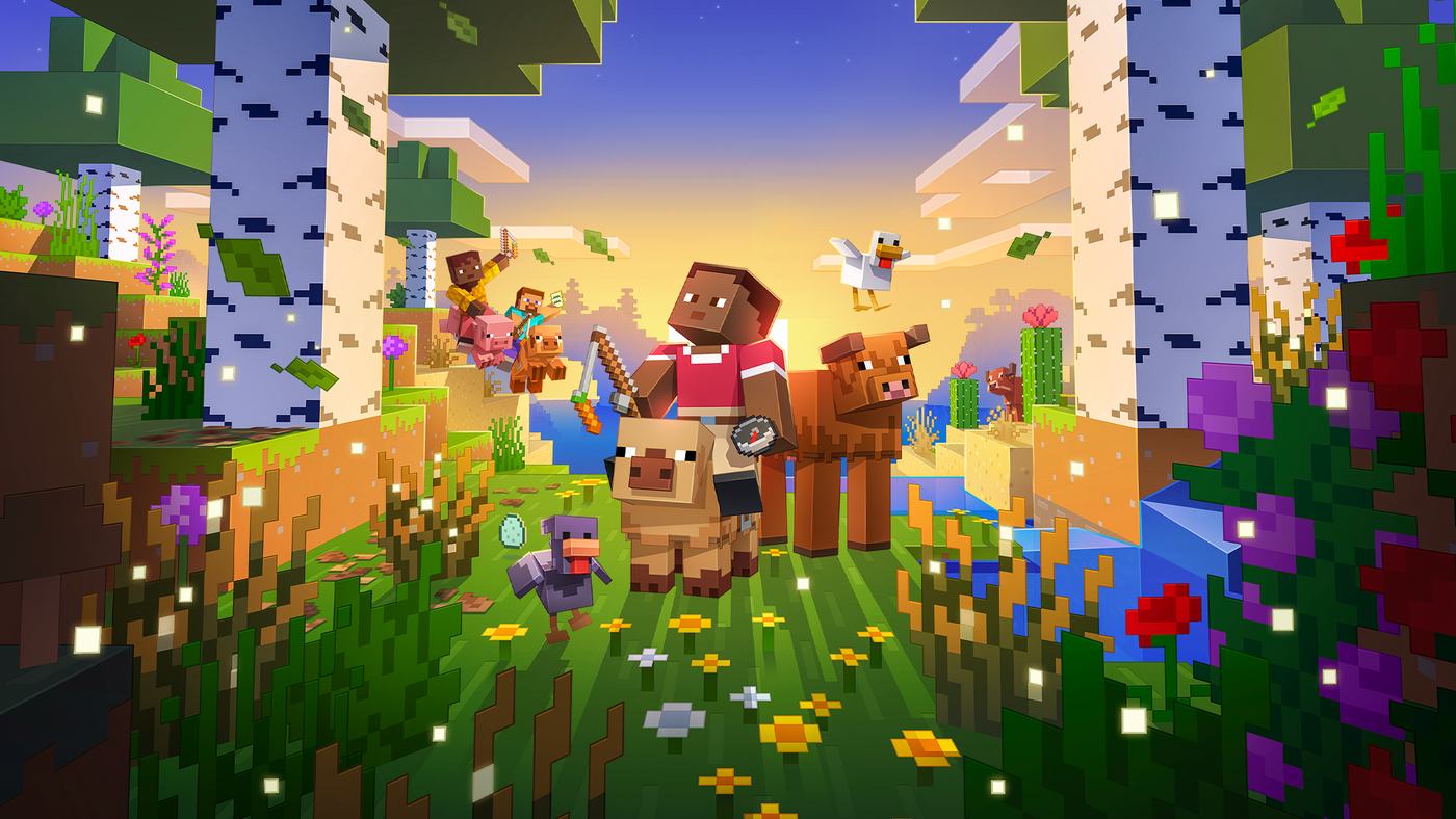 Minecraft-Wallpaper: Birkenwald bei Sonnenuntergang.