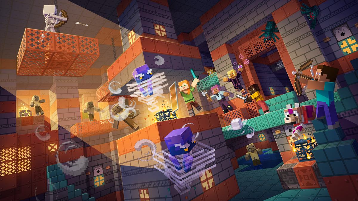 Minecraft-Wallpaper: Trial Chambers mit Kupfer und Spielern.